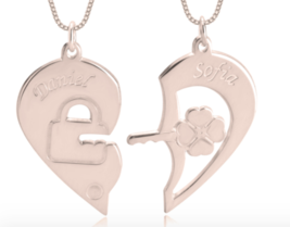 Lock And Key Heart Necklace Set For Couple: Sterling Silver, 24K Gold, Rose Gold - £102.25 GBP