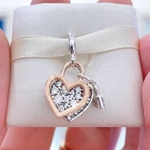 Valentine’s Day 925 Silver and Rose Gold Heart Padlock Double Dangle Charm - £13.74 GBP