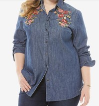 Women&#39;s Carrier Work Casual Day Embroidered Denim Shirt top tunic plus 24W 2X - £31.64 GBP