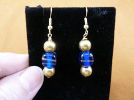 (EE504-2) Blue sparkle square glass swirl dangle earrings lampwork French wire - £8.37 GBP