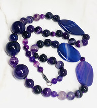 Amethyst Purple Agate Beaded Necklace Knotted  Sterling Silver Clasp 28” 162 gr - £67.78 GBP