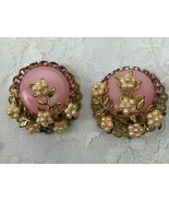 Beautiful Pink Button Clip On Earrings Pink Floral 1.25&quot; in Diameter Vin... - £16.32 GBP