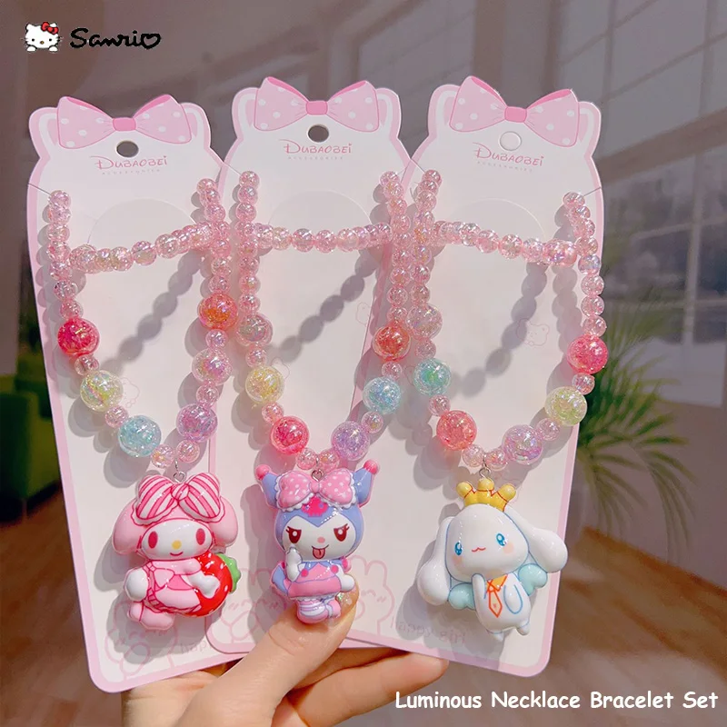 Sanrio Luminous Children Necklace Bracelet Set Kawaii Hello Kitty Kuromi Cartoon - £9.08 GBP