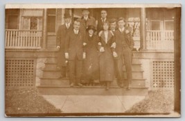 RPPC Edwardian Family Photo On Porch Steps Men Women The Fun Guy Postcard S28 - £6.34 GBP