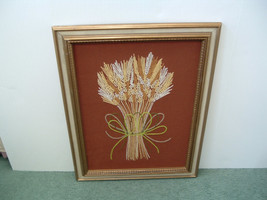 Vintage crewel embroidery harvest wheat spray large finished framed picture - £36.42 GBP