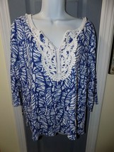 Peck &amp; Peck Blue Leaf Print 3/4 Sleeve Knit Top Size XL Women&#39;s EUC - £29.33 GBP