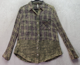 Free People Shirt Women Small Green Plaid Cotton Long Sleeve Collared Snap Front - £16.62 GBP