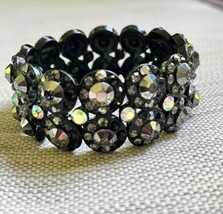 Chunky Rhinestone Stretch Bracelet Silver Tone Black Faceted Wide Layered - £12.42 GBP