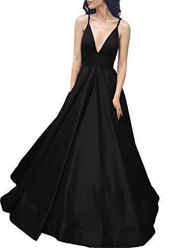 Spaghetti Straps Deep V Neck A Line Long Formal Prom Evening Dresses Black US 6
