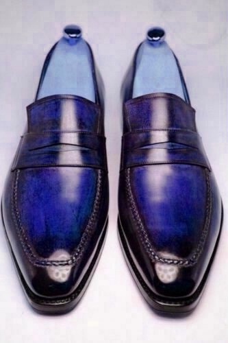 Moccasin Loafer Slips On Vintage Leather Patina Hand Painted Men's Blue Shoes