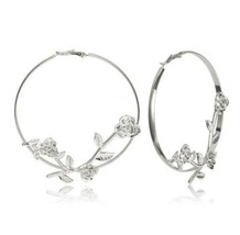 Silver Rose Flower Shaped Unique Fashion Circle Round Metal Hoop Earrings Floral - £17.36 GBP