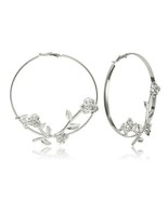 Silver Rose Flower Shaped Unique Fashion Circle Round Metal Hoop Earring... - £17.06 GBP
