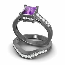 1.65Ct Princess Cut Amethyst &amp; Diamond Bridal Ring Set 14k Black Gold Finish - £66.91 GBP