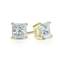 2.00 Ct Princess Cut Earrings Studs Real Solid 14K Yellow Gold Finish Screw Back - £31.79 GBP