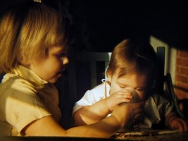 1959 Cute Toddler Helping Baby Highchair Kodachrome 35mm Slide - £4.35 GBP