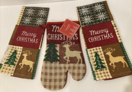 3 pc Winter Deer Lodge cabin Christmas towels and oven mitt kitchen gift... - $15.83