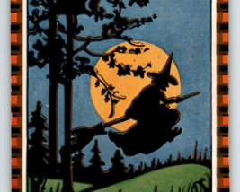 Halloween Postcard Witch On Broom Full Moon Trees Checker Whitney Fantasy 1928 - £69.99 GBP