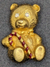 Ooops A Daisy - Gold Tone Teddy Bear Candy Cane Signed Brooch Pin Christmas - $16.82