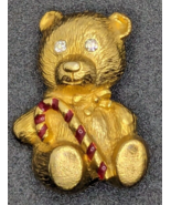 Ooops A Daisy - Gold Tone Teddy Bear Candy Cane Signed Brooch Pin Christmas - €14,60 EUR