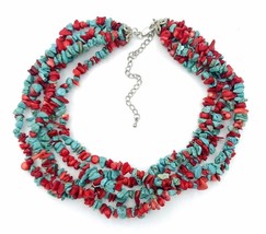 Multi Strand Turquoise Red Coral Chip Beaded Necklace - £37.58 GBP