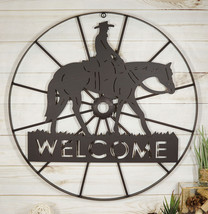 Oversized 24&quot;D Rustic Cowboy Riding Horse Wagon Wheel Welcome Sign Wall Decor - £35.95 GBP