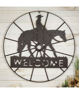 Oversized 24&quot;D Rustic Cowboy Riding Horse Wagon Wheel Welcome Sign Wall ... - £35.37 GBP