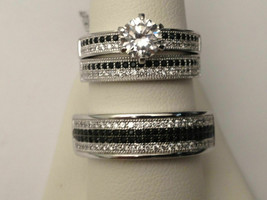 10K Plaqué or Blanc Noir &amp; Simulé Diamant pour Lui &amp; Elle Bague Parure Paire - £96.92 GBP