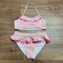 Betsey Johnson Girls 2PC Bikini Swim Suit Pink White Striped Pom Pom Siz... - £13.99 GBP
