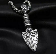 Mens Punk Gothic Spear w. Cross Pendant Necklace Hip Hop Jewelry Stainless Steel - £7.11 GBP