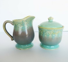 Vintage ceramic purple to green glaze creamer &amp; sugar bowl set - £19.58 GBP