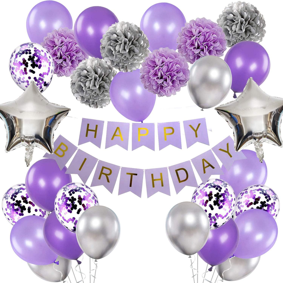 Primary image for Birthday Decorations for Girls Purple and Silver Lavender Party Decor Kit for He