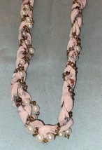 30” Vintage Necklace Fabric Intertwined With Pearl Beads Mauve - $7.84