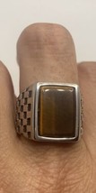 Vintage Tiger&#39;s Eye Men&#39;s Ring Silver Stainless Steel Genuine Size 7 - £30.52 GBP