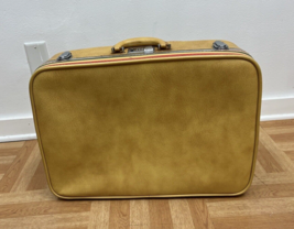 Vintage YELLOW SUITCASE storage travel stripe decor store display 70s go go mod - £23.97 GBP