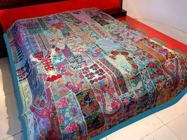 Vintage Patchwork Bedspread Hand Embroidery Bed Cover Throw Wall Hanging Curtain - £129.63 GBP