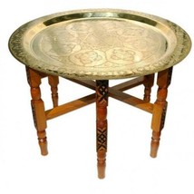 Handmade Moroccan 20&quot; Round Brass Tray Tea Table with folding Wood Stand Thuya W - $196.00