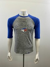 Blue Jays Majestic Raglan T Shirt Men&#39;s Size Small Gray Blue Cotton Blend Crew - £8.87 GBP