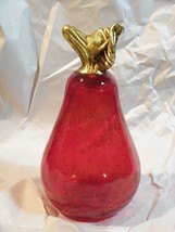 CRACKLE GLASS RED PEAR PAPERWEIGHT GILT GOLD STEM 6 1/2&quot; - $14.36