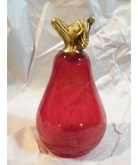 CRACKLE GLASS RED PEAR PAPERWEIGHT GILT GOLD STEM 6 1/2&quot; - $14.36