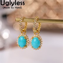 Blingbling Crystals Ear Hoops Women Natural Agate Turquoise Earrings Real Gold B - £45.63 GBP