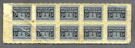 South Carolina 5 Cent Business License Tax Revenue Stamps Pane Of 10 - £31.64 GBP