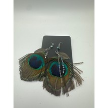 Boho Y2K Peacock Feather Long Dangle Earrings with Hook Ear Wires - £15.81 GBP