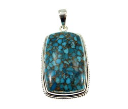 Large Solid 925 Sterling Silver Copper Turquoise Rectangle Shaped Pendant CT02 - £45.13 GBP