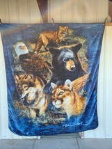 Fox Wolf Bear Mountain Lion And Eagle Wildlife Collage Queen Blanket - £48.70 GBP