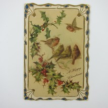 Antique Christmas Card Birds Tree Branch Holly Berries Embossed Bifold U... - $19.99