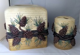 Hand Painted Pinecone Tissue Box &amp; Toothbrush Holder (Stephen Lyman, 1990) - $900.27 MXN