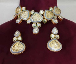 Indian Real Kundan Gray Enameled Necklace Set Bollywood Jewelry Polki Statement  - £37.96 GBP