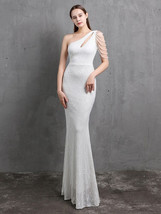 Beautiful Wedding Dress White Sequin Evening Dress Asymmetrical Off Shou... - $345.99