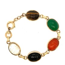 Vtg Gold Filled Multi Colored Stone Caved Scarabs Cabochon Link Bracelet 7 1/2 - £40.97 GBP