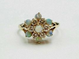 14K Yellow Gold Over With 2CT Fire Opal &amp; Diamond Engagement Flower Cluster Ring - £88.94 GBP